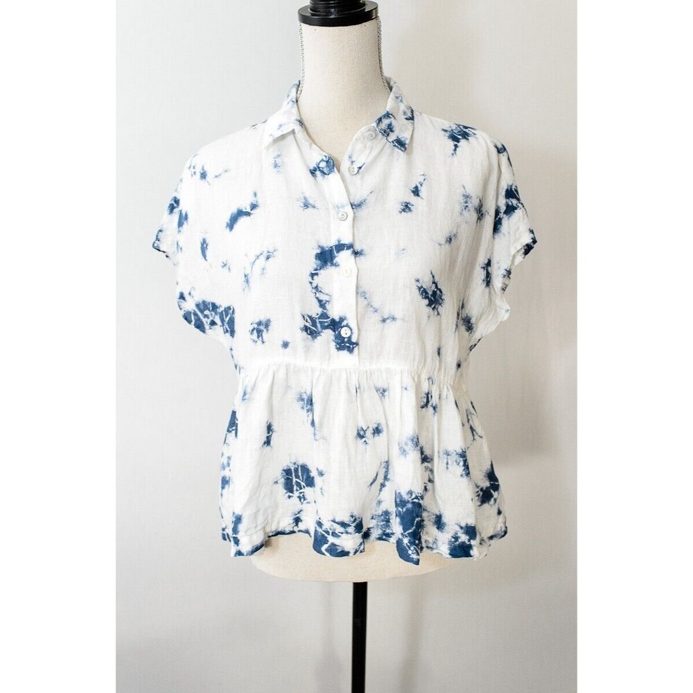 Rachel Zoe Blouse linen Sz S Blue Tie Dye Short Sleeve Peplum Button Front Boho